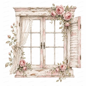 May include: A weathered, light pink and white wooden window frame with a single open shutter. The frame is adorned with clusters of soft pink roses, green leaves, and a delicate, cream-coloured lace curtain tied with a matching fabric bow.