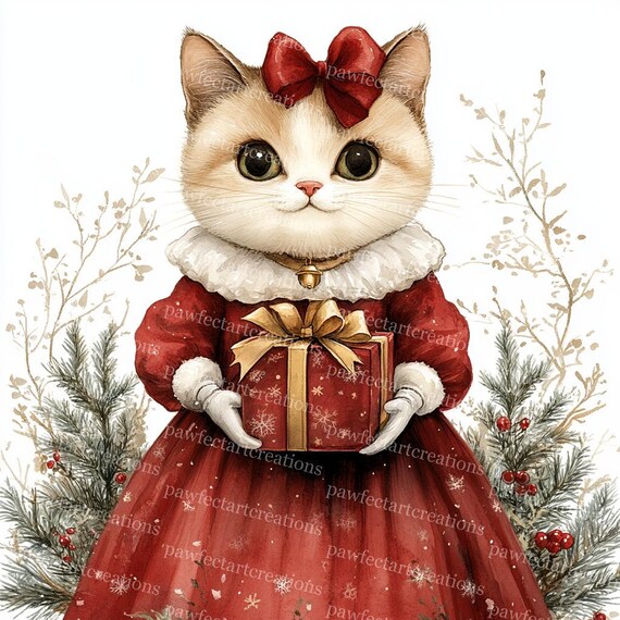 Christmas Kitten Clipart: Vintage Dress, Watercolor Santa Cat (digital  Craft) - Etsy