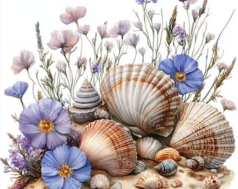 Seashells and Wildflowers Watercolor Clipart (Digital Download)