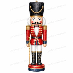 May include: A watercolor illustration of a nutcracker soldier wearing a tall black hat with gold trim, a red jacket with gold buttons and epaulets, white trousers, and black boots. The figure has a white beard, mustache, and a gold sword.