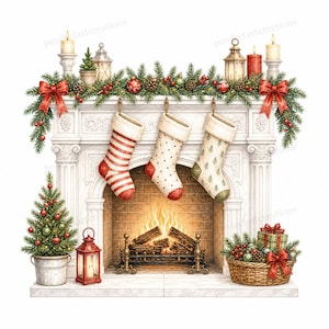 Könnte beinhalten: Aquarellillustration eines für Weihnachten dekorierten Kamins. Der weiße Kaminsims ist mit Grün, roten Schleifen, Kerzen und Laternen geschmückt. Drei Strümpfe hängen über dem Kamin, und ein kleiner Weihnachtsbaum und ein Geschenkkorb befinden sich auf beiden Seiten.