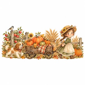 May include: A digital illustration featuring a child in a straw hat pulling a wooden wagon filled with orange pumpkins and a plaid blanket. A brown and white dog walks alongside, near a wooden fence, wheat stalks, sunflowers, and red apples.