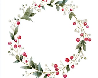 May include: Watercolor wreath featuring red berries, white berries, and green leaves. The wreath is arranged in a circular shape, perfect for holiday or seasonal decor. The berries are a vibrant red, and the leaves have a watercolor effect.