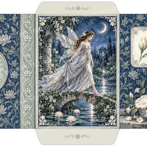 May include: A decorative envelope template featuring a central illustration of a fairy in a white gown walking across a stone bridge at night. The design includes dark blue floral patterns, a moonlit sky, a glowing lantern, and a pendant motif.