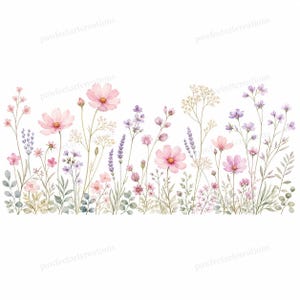 May include: A watercolor illustration of a wildflower meadow featuring pink cosmos, purple lavender, and delicate white baby's breath flowers with green foliage. The repeating text pawfectartcreations appears across the white background.