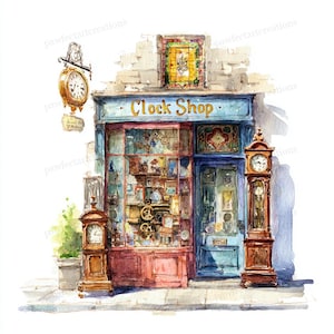 Peut inclure: Illustration à l'aquarelle d'une horlogerie avec un auvent bleu et l'inscription "Clock Shop" en lettres dorées. La boutique expose des horloges et une horloge de grand-père à droite. Une horloge dorée est suspendue.