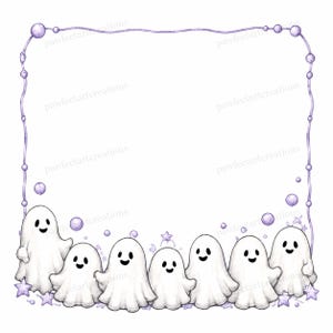 May include: A square frame featuring a light purple border with small spheres and seven white ghosts with black eyes and mouths at the bottom. The text pawfectartcreations is repeated along the border. The design includes small purple stars.