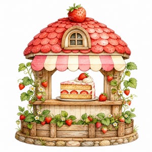 Può includere: Un chiosco in legno con un tetto rosso a scaglie sormontato da una grande fragola. Una fetta di torta alle fragole poggia sul bancone. La struttura è circondata da piante di fragole con fiori bianchi e frutti rossi su una base di pietra.