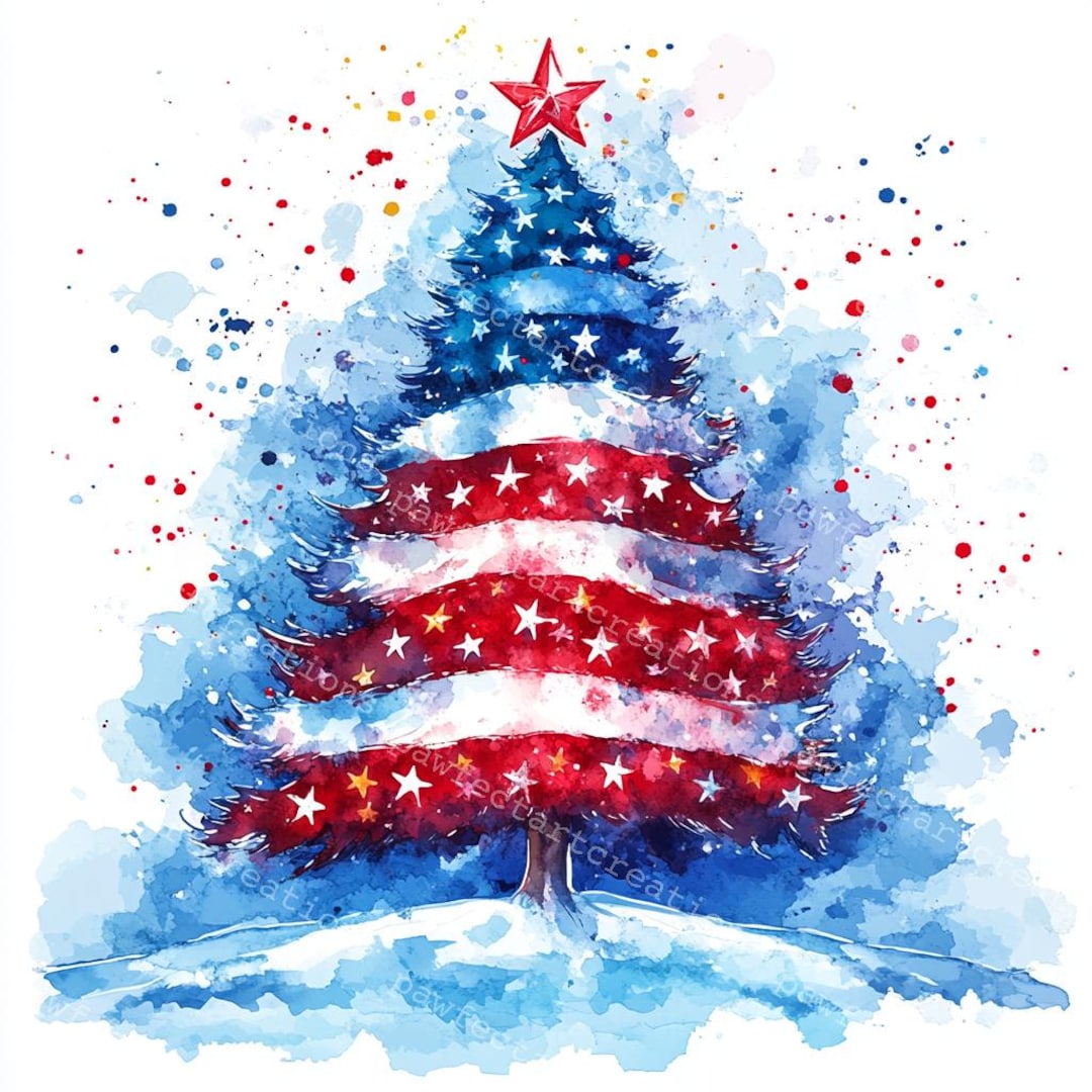 油彩画　Xmas tree 10 Patriotic Christmas Tree Clipart, USA Flag, Printable