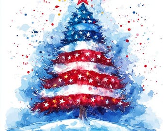 Patriotic Christmas Tree Clipart: USA Flag Watercolor (Digital Download)