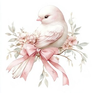 10 Bird with Pink Floral Clipart, Bird With Bow Clipart, Bird And Blossom, Printable Watercolor, High-Quality JPGs, Papercraft, Junk Journal