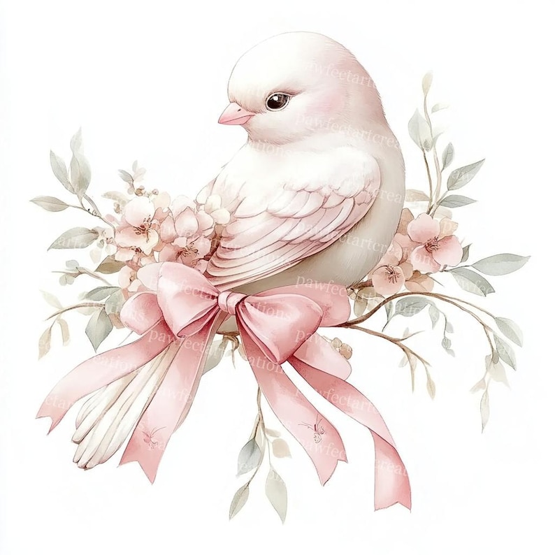 10 Bird with Pink Floral Clipart, Bird With Bow Clipart, Bird And Blossom, Printable Watercolor, High-Quality JPGs, Papercraft, Junk Journal