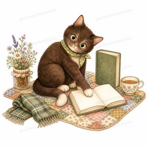 20 Cottagecore Reading Cats Clipart