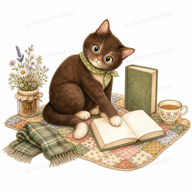 20 Cottagecore Reading Cats Clipart