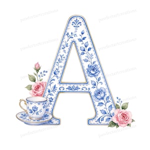 May include: A decorative letter "A" in a blue and white floral design, with a gold outline. The letter is adorned with blue roses and floral patterns. A teacup and saucer with matching design and pink roses are on the left and right sides.