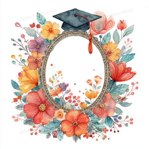 Può includere: Illustrazione ad acquerello a tema laurea. Un cappello di laurea blu scuro con un nappa rossa è posto sopra una cornice ovale. La cornice è circondata da fiori colorati nelle tonalità dell'arancione, del rosso, del giallo e del viola, con foglie verdi e blu.