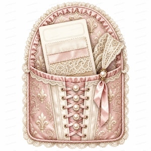 Puede incluir: Un bolsillo de pared de tela rosa y crema con un frente estilo corsé con cordones, botones tipo perla y patrones de damasco intrincados. El bolsillo está adornado con encaje festoneado y contiene una tarjeta rectangular y una cinta de encaje.