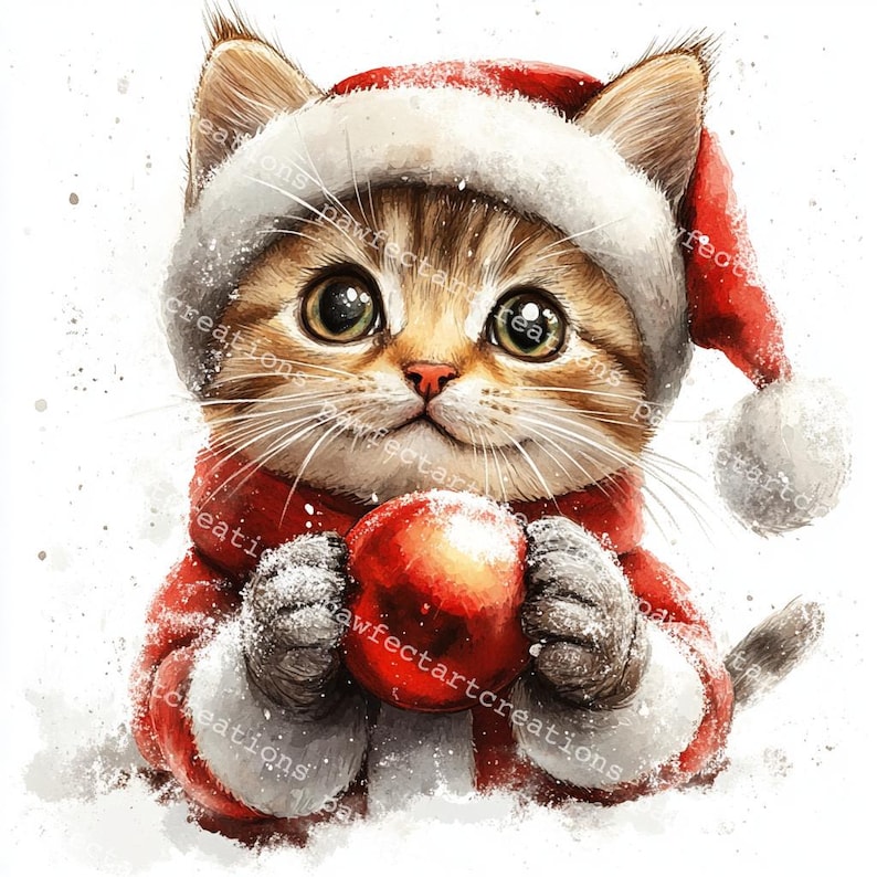 10 Cute Christmas Cat Clipart, Adorable Santa Kitten Clipart, Printable Watercolor,High-Quality JPGs, Papercraft Junk Journal, Digital Craft
