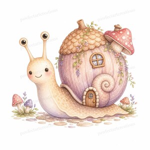 20 Cottage Mushroom Snail Clipart, Watercolor JPG Clipart Bundle, Digital Download, Commercial Use, Printable Art