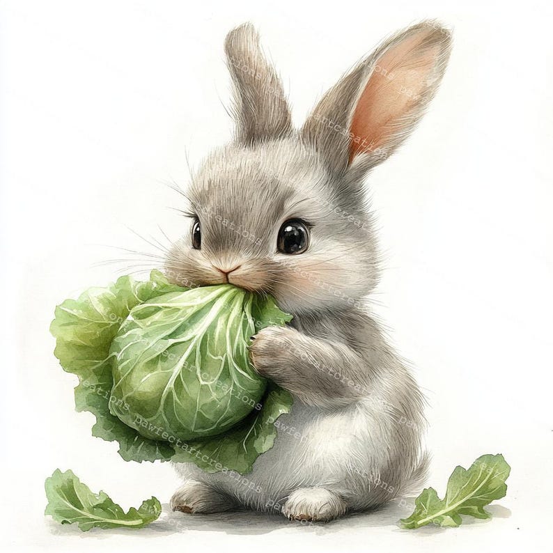 10 Fluffy Rabbits Clipart,Cute Bunny Eating Vegetables Clipart,Bunny Nursery,Printable Watercolor,High-Quality JPGs,Papercraft,Junk Journal,