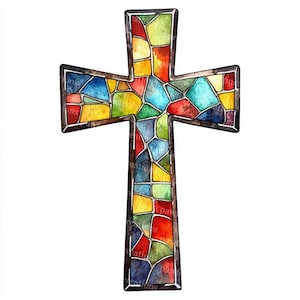 May include: A colorful stained-glass cross with a dark border. The cross is filled with irregular shapes of red, orange, yellow, green, blue, and purple. The design resembles a mosaic, with each piece of glass reflecting light.