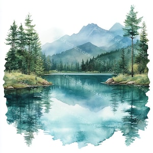 12 cliparts lac turquoise, clipart paysage lac, carte de Noël, aquarelle imprimable, fichiers JPG de haute qualité, créations en papier, journal indésirable