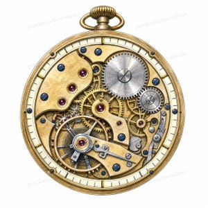 May include: A gold-toned pocket watch with an exposed mechanical movement. The internal mechanism features silver and brass gears, small red jewels, and blue screws. The outer casing is circular with a winding crown at the top and a white dial ring.