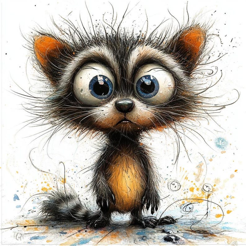 May include: A cartoon raccoon with large blue eyes and a mischievous expression. The raccoon has a black and brown striped tail and is standing on a white background with colorful splatters.
