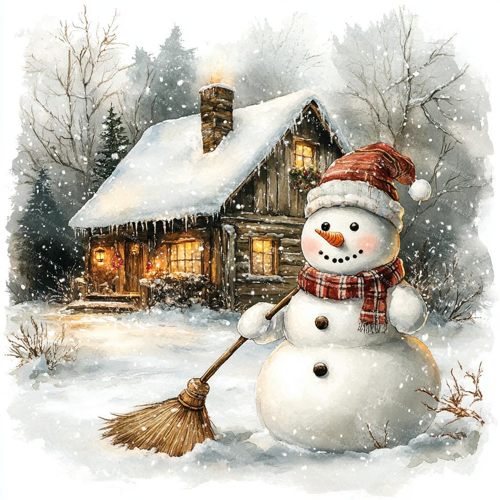 ヴィンテージクリスマス雪だるまクリップアート：レトロな水彩画 JPG