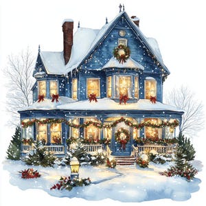 13 Clipart di case natalizie, Arte per biglietti di Natale, Casa di Natale vittoriana, Acquerello stampabile, JPG di alta qualità, Carta da regalo, Diario di scarto