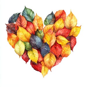 12 Clipart a forma di cuore con foglie autunnali, Foglie autunnali, Stagione autunnale, Acquerello stampabile, JPG di alta qualità, Carta da parati, Diario di scarto, Artigianato digitale