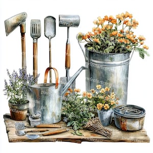 17 Vintage Gartengeräte Clipart, Frühling Clipart Gartenarbeit, Gartenkunst, druckbare Aquarellbilder, hochwertige JPGs, Papierzeug, Junk Journal