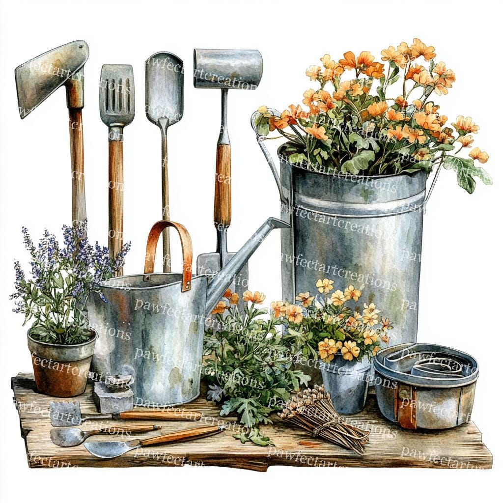 Vintage Gardening Tools Watercolor Clipart: Spring Garden Art