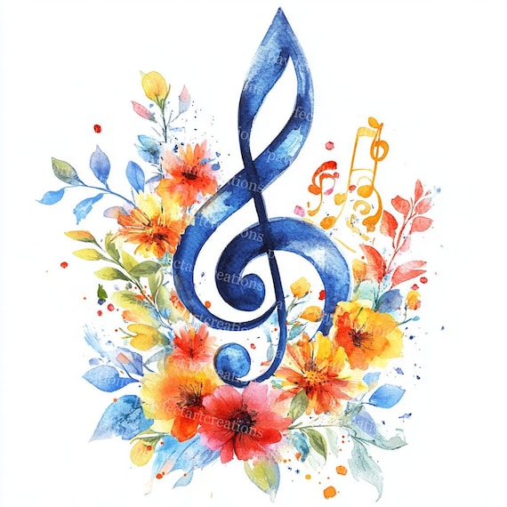 花の音楽記号クリップアート：水彩画の花の音楽音符（デジタル