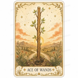 May include: A rectangular tarot card titled Ace of Wands featuring a central wooden wand with green leaves, a salamander at its base, and a landscape background with a winding path, mountains, and a rising sun, all framed in an ornate gold border.