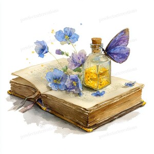 May include: Watercolor illustration of an open book with blue flowers and a small glass bottle filled with yellow liquid. A purple butterfly rests on the bottle. The book has a ribbon bookmark and gold-colored edges.