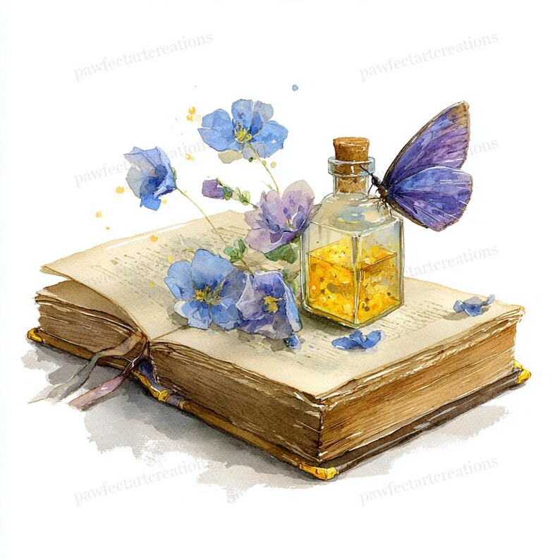 May include: Watercolor illustration of an open book with blue flowers and a small glass bottle filled with yellow liquid. A purple butterfly rests on the bottle. The book has a ribbon bookmark and gold-colored edges.