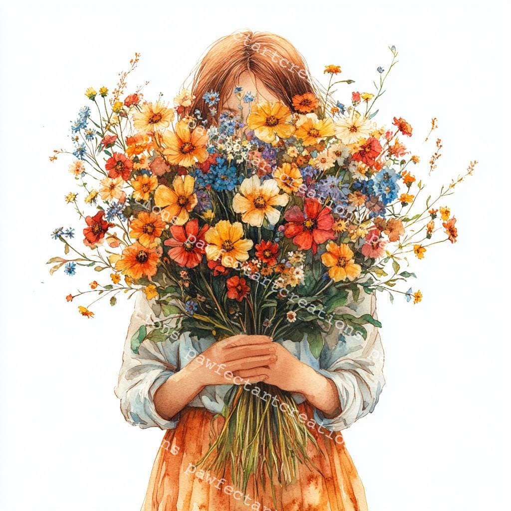 【水彩画】♦花籠を持った✞クルスの　★★少女★★ 野花の花束を持つ少女のクリップアート：水彩画の花のアート（デジタル