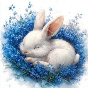 10 schlafende flauschige Kaninchen Clipart, süßes Häschen in einer Blume, Kaninchen-Kinderzimmer, druckbares Aquarell, hochwertige JPGs, Papierzeug, Junk Journal,