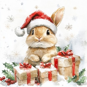 10 imágenes prediseñadas de conejitos y regalos navideños, conejito de Papá Noel, guardería de conejitos, acuarela imprimible, archivos JPG de alta calidad, manualidades de papel, diario basura