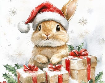 Christmas Bunny Clipart: Santa Hat, Watercolor Nursery Art (Digital Download)