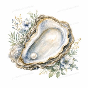 May include: Watercolor illustration of an open oyster shell with a pearl inside. The shell has a gold trim and is surrounded by blue and white flowers and green leaves. The artwork has a soft, elegant feel.
