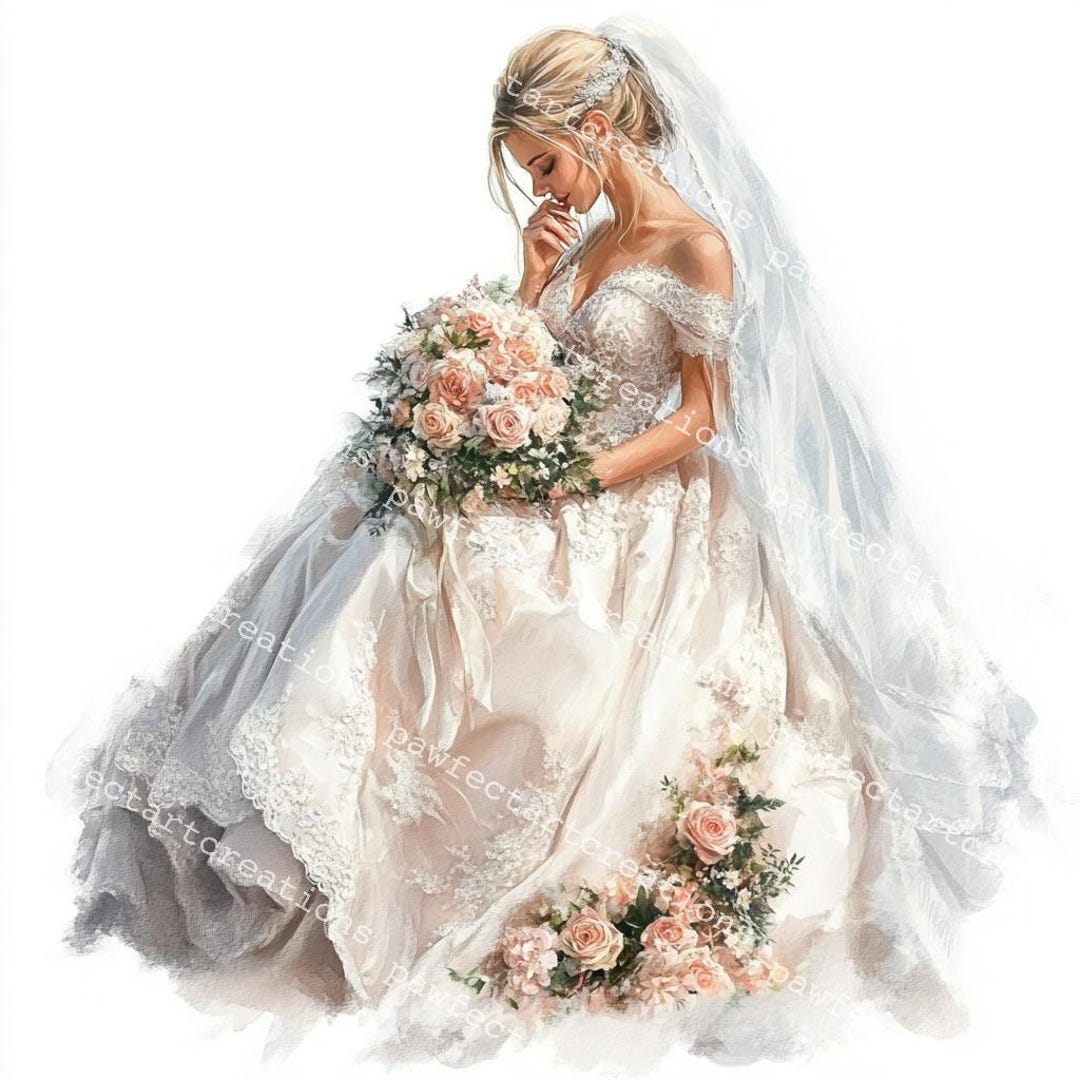 22 Wedding Bide Clipart Set: Bride, Bouquet, Gown - Watercolor