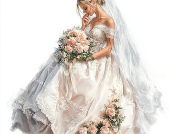 Veiled Bride – Collage Art. 22 Wedding Bide Clipart Set: Bride, Bouquet, Gown - Watercolor