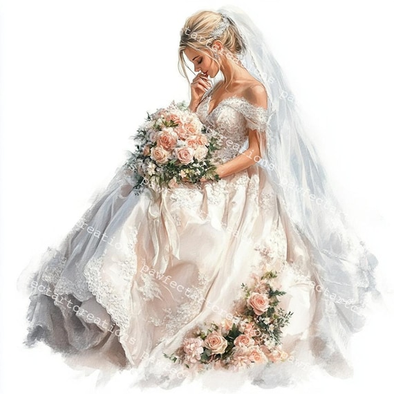 22 Wedding Bide Clipart Set: Bride, Bouquet, Gown - Watercolor