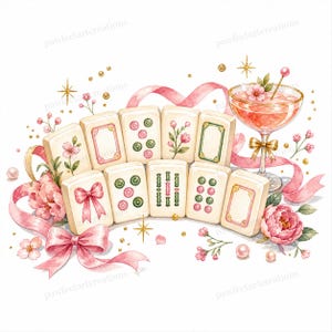 May include: Watercolor illustration of a set of Mahjong tiles arranged in an arc, decorated with pink flowers, ribbons, and a cocktail. The tiles feature various symbols and designs. Gold accents and pearls add to the decorative aesthetic.