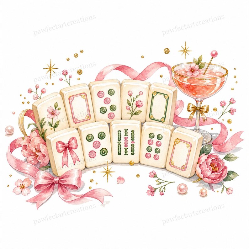 May include: Watercolor illustration of a set of Mahjong tiles arranged in an arc, decorated with pink flowers, ribbons, and a cocktail. The tiles feature various symbols and designs. Gold accents and pearls add to the decorative aesthetic.