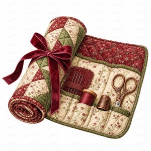 May include: A quilted fabric sewing organiser roll featuring a red and green floral pattern, tied with a dark red velvet ribbon. It contains pockets holding a set of metal needles, a wooden spool of red thread, a metal thimble, and ornate scissors.