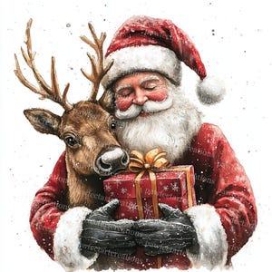10 cliparts Père Noël avec cerf, carte de Noël, renne, aquarelle imprimable, fichiers JPG de haute qualité, carnet de voyage papercraft, créations numériques