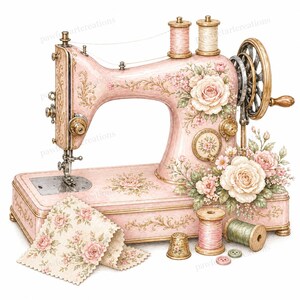 May include: A vintage pink sewing machine with floral accents and decorative gold details. The machine is adorned with roses and sits next to spools of thread, a thimble, fabric, and buttons. A classic sewing machine design.